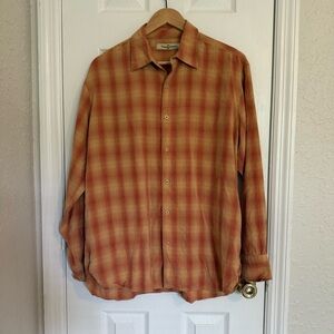 Tommy Bahama Orange Plaid Long Sleeves Button-Up Shirt Medium Casual